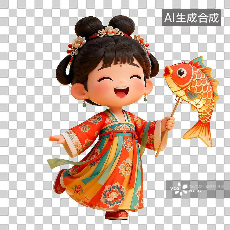 【AI数字艺术】穿传统服饰的女孩手持鱼灯图片素材