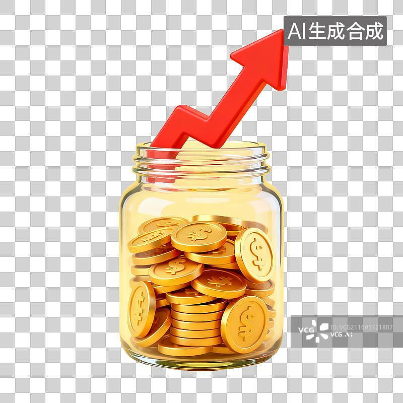 【AI数字艺术】金融理财 金币罐中红色箭头向上图片素材