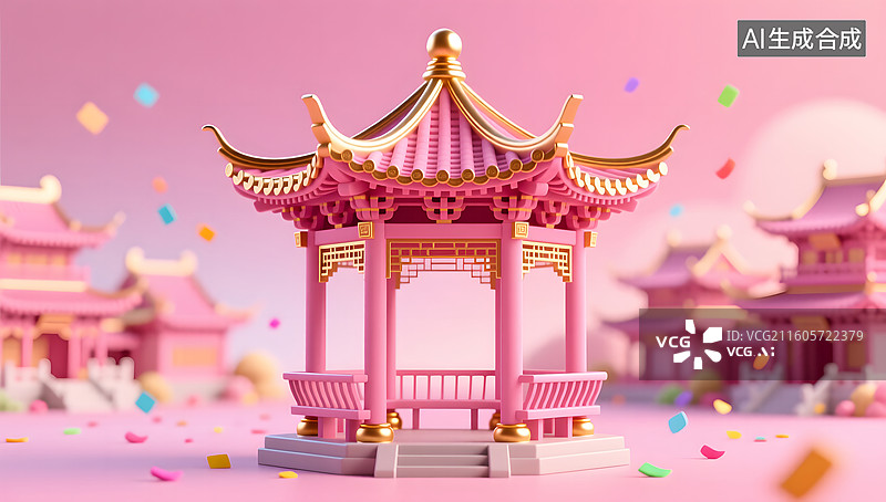 【AI数字艺术】浪漫粉色单层亭子中式建筑图片素材