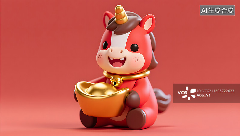 【AI数字艺术】新春小马抱元宝的可爱公仔图片素材