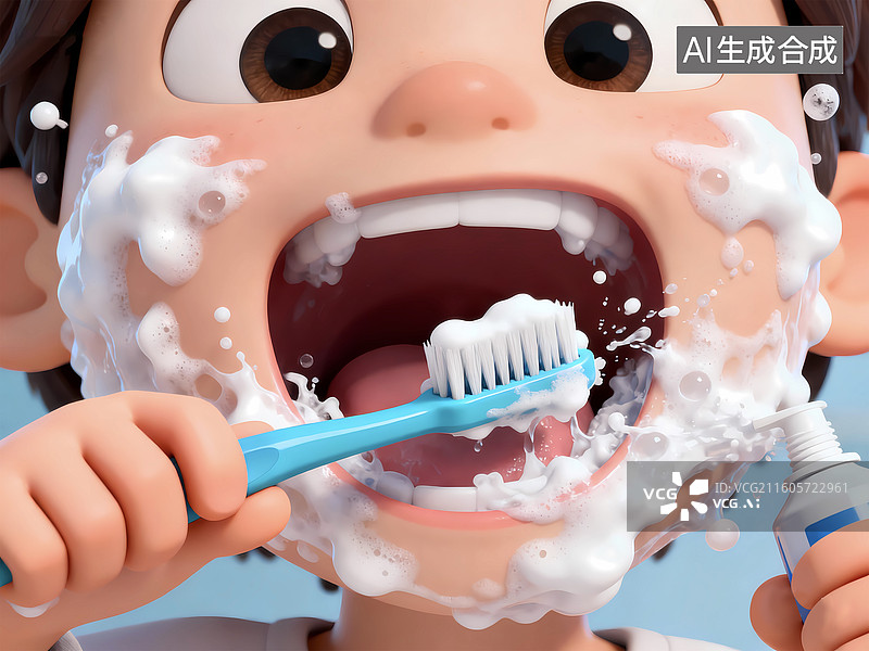 【AI数字艺术】儿童牙齿护理夸张刷牙角度创意图片素材