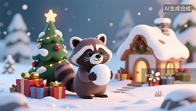 【AI数字艺术】圣诞小浣熊雪地抱雪球场景图片素材