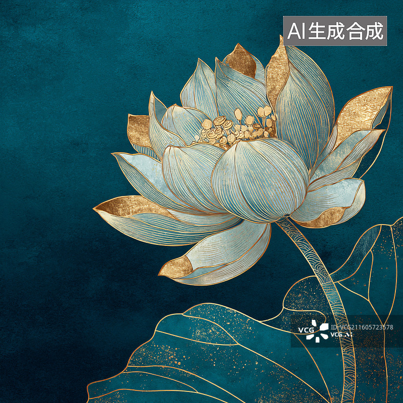 【AI数字艺术】蓝金莲花复古精致艺术装饰图图片素材