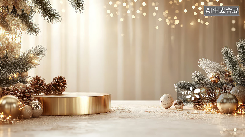 【AI数字艺术】3D渲染金色圣诞节主题电商产品展台背景图片素材