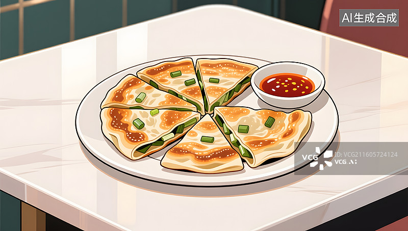 【AI数字艺术】香脆葱油饼小碟辣酱早餐图片素材