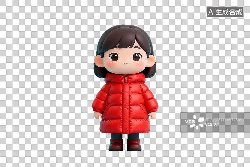【AI数字艺术】卡通风格，穿着红色长款羽绒服的小女孩PNG格式的免扣元素图片素材