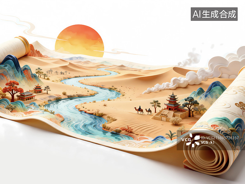 【AI数字艺术】骆驼商队一带一路丝路文化打开的卷轴图片素材