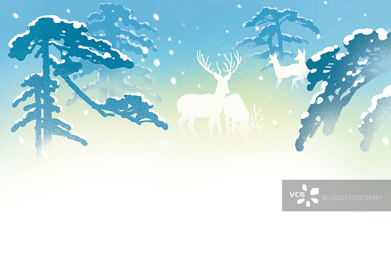 彩色卡通插画分层手绘冬季冬天下雪风景松树森林美景鹿群背景图图片素材