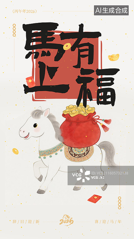 【AI数字艺术】春节马年新年海报-马上有福图片素材