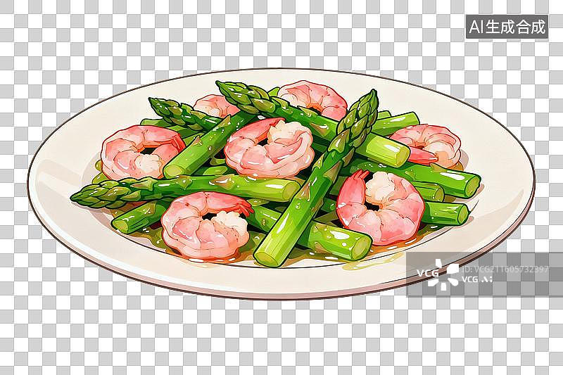 【AI数字艺术】卡通风格，一盘芦笋炒虾仁PNG格式的免扣元素图片素材