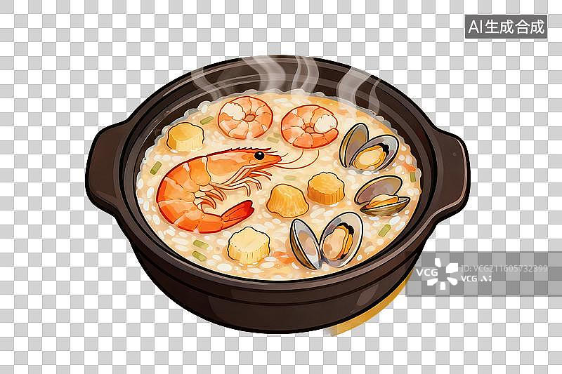 【AI数字艺术】卡通风格，砂锅中的海鲜粥PNG格式的免扣元素图片素材