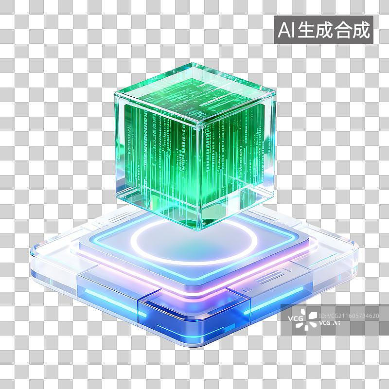 【AI数字艺术】带有绿色二进制码的数字立方体图片素材
