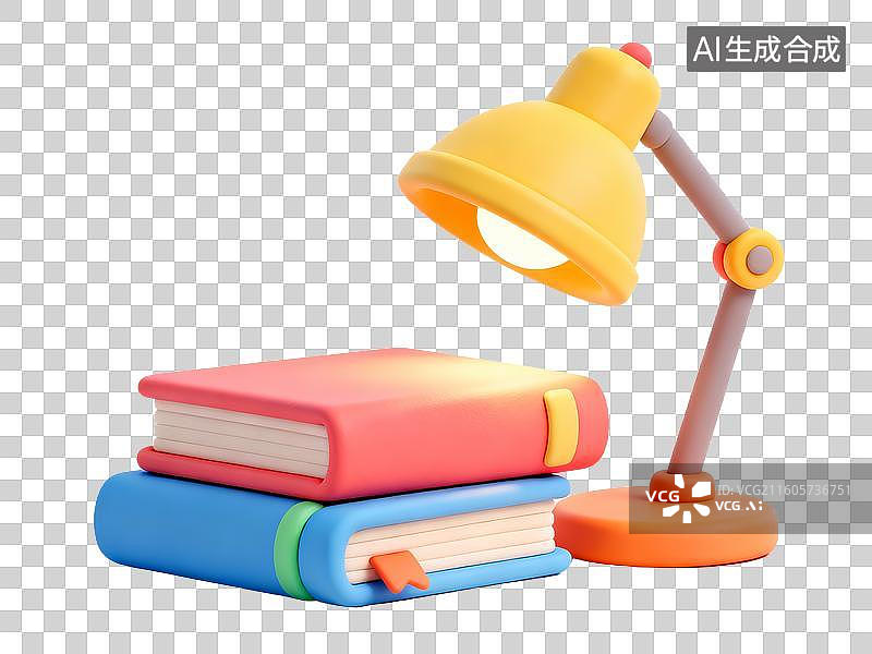【AI数字艺术】3D卡通粘土风学习物品元素台灯书本组合图片素材
