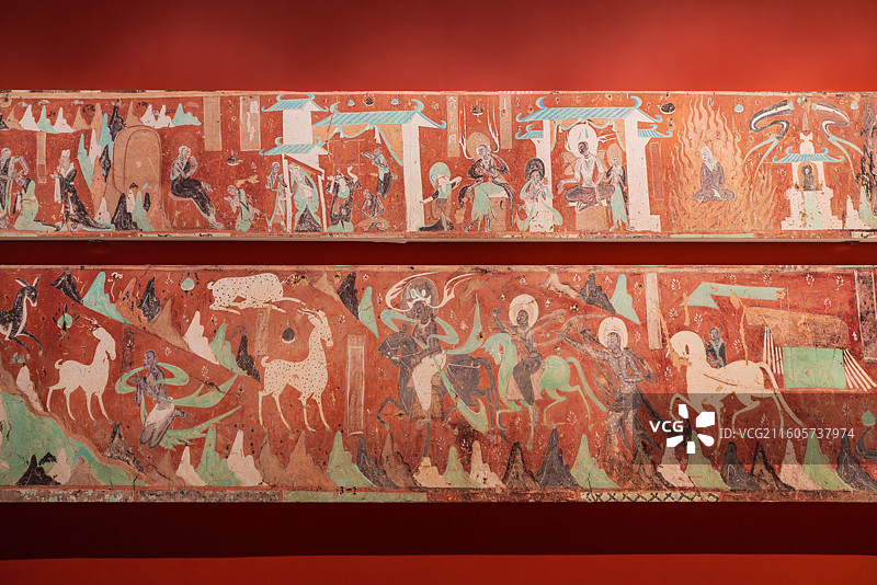 上海“何以敦煌·念念回响”展览莫高窟第257窟：沙弥守戒自杀故事，鹿王本生故事图片素材