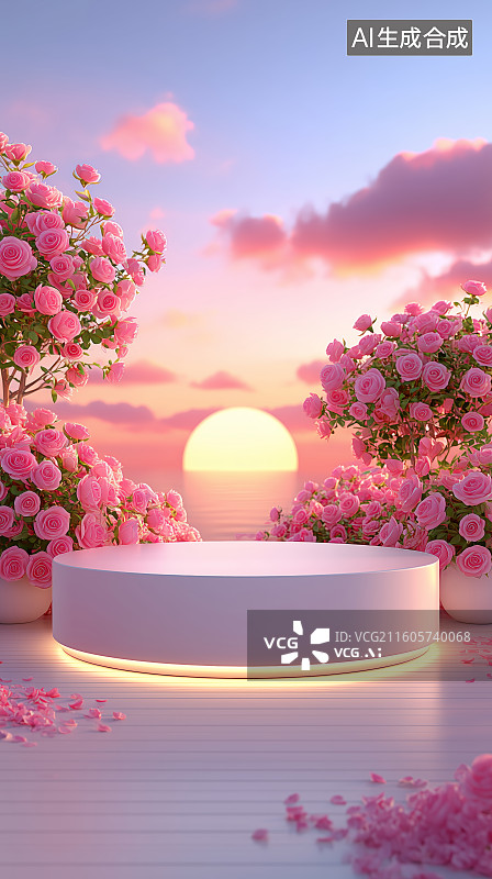 【AI数字艺术】粉色花海中的圆形平台图片素材