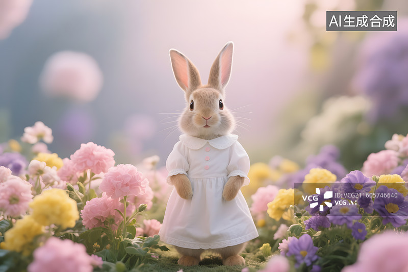 【AI数字艺术】花丛中的可爱兔子图片素材