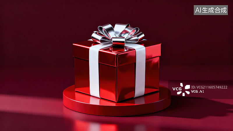 【AI数字艺术】红色礼盒置于圆形底座上图片素材
