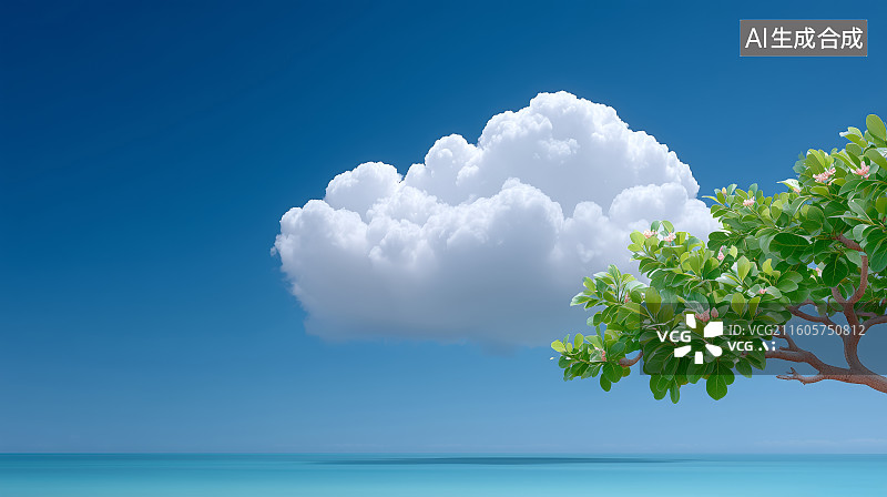 【AI数字艺术】蓝天白云下的海边绿树图片素材
