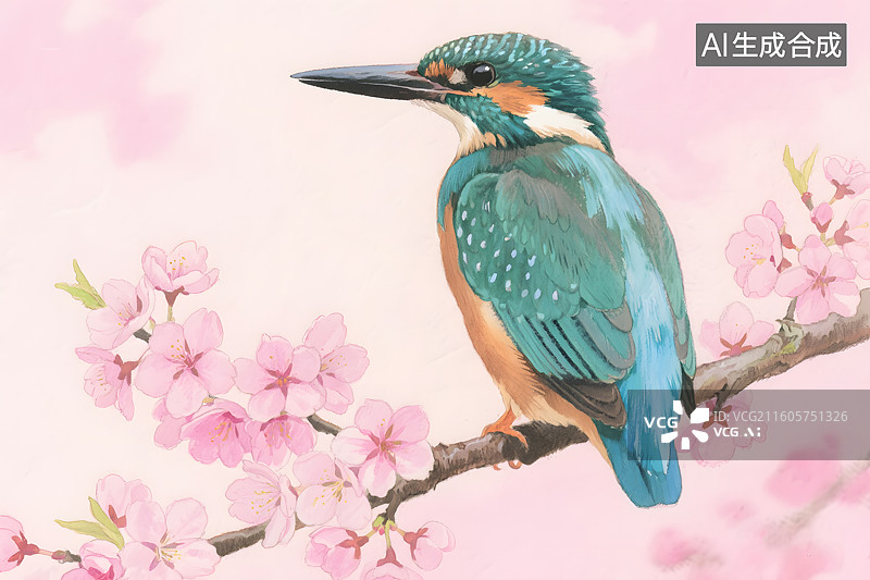 【AI数字艺术】翠鸟栖息在樱花枝上插画图片素材