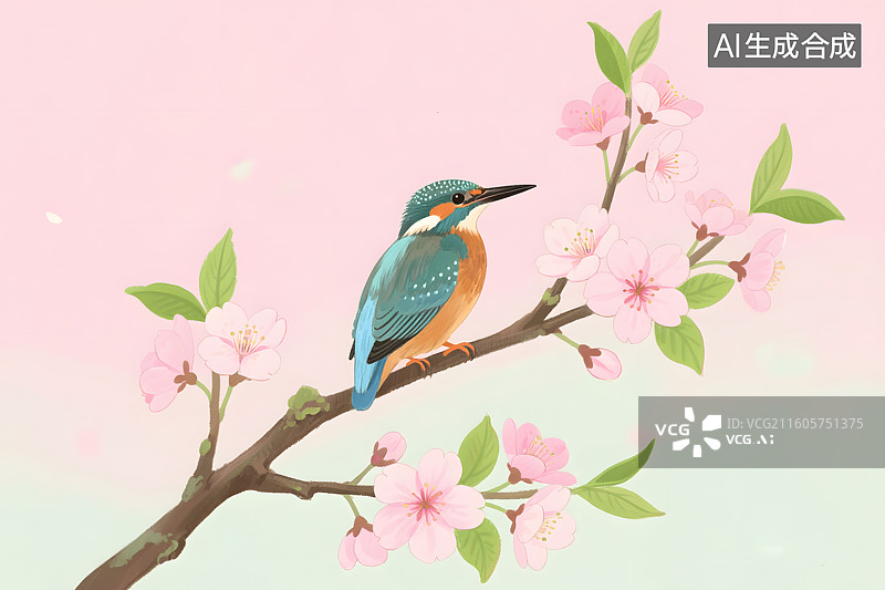 【AI数字艺术】翠鸟栖息在樱花枝上插画图片素材