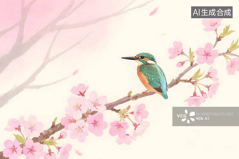 【AI数字艺术】翠鸟栖息在樱花枝上插画图片素材
