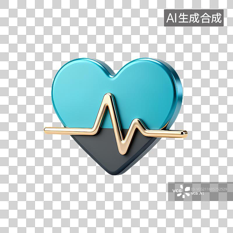 【AI数字艺术】3D渲染心形与金色心跳线图片素材