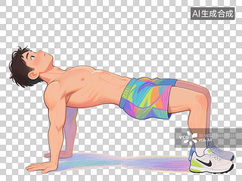 【AI数字艺术】手绘彩铅插画正在做平板支撑力量训练的年轻男性图片素材