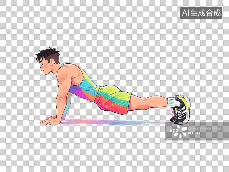 【AI数字艺术】手绘彩铅插画正在做平板支撑力量训练的年轻男性图片素材