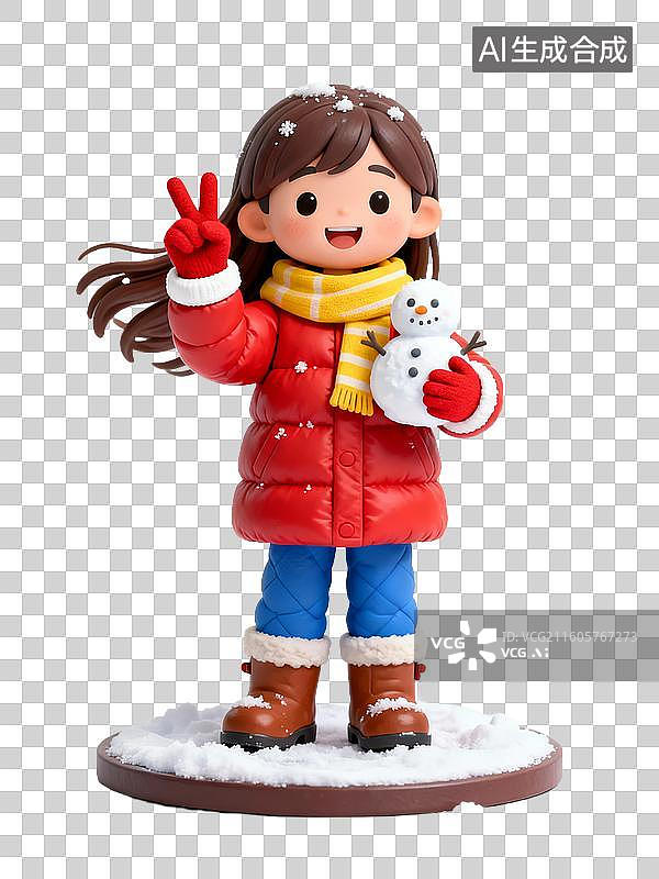 【AI数字艺术】冬日里手持雪人比耶的女孩图片素材