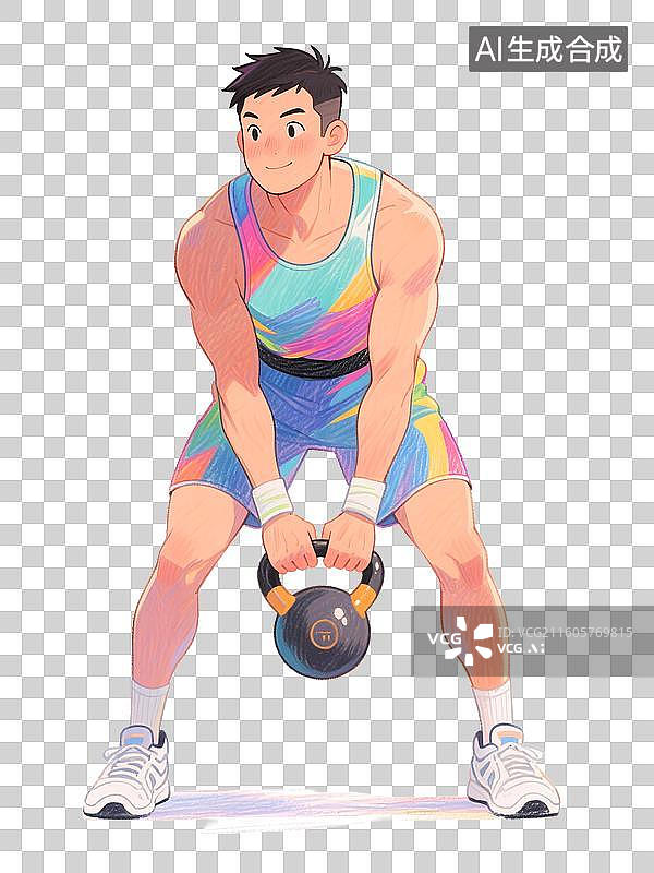 【AI数字艺术】手绘彩铅插画在健身房用壶铃训练的年轻男人图片素材