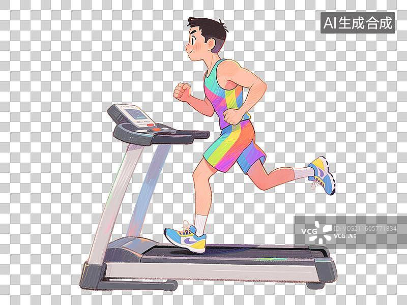 【AI数字艺术】手绘彩铅插画年轻男人在健身房跑步机上跑步免扣元素图片素材