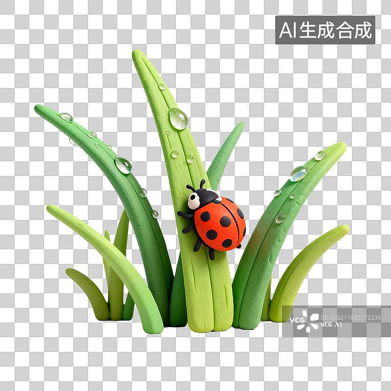 【AI数字艺术】绿草上的瓢虫与水珠图片素材
