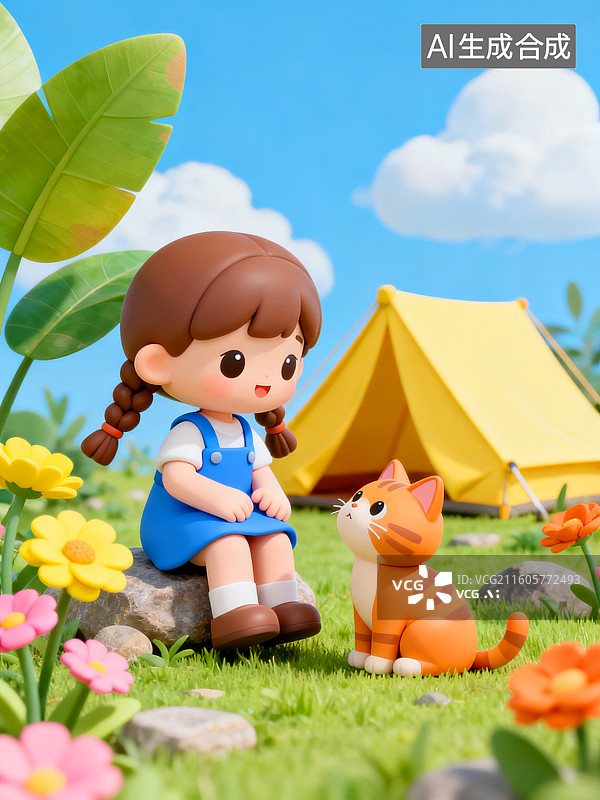 【AI数字艺术】露营草地上休息的女孩与猫图片素材
