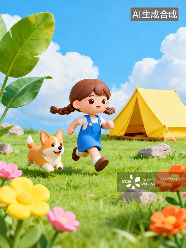 【AI数字艺术】露营草地上奔跑的女孩与柯基犬图片素材