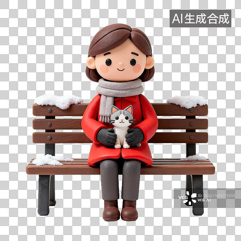 【AI数字艺术】穿红外套女子抱着小猫坐在长椅上图片素材