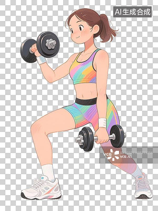 【AI数字艺术】手绘彩铅插画年轻女士在健身房举哑铃元素图片素材