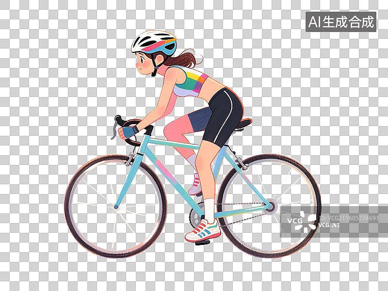 【AI数字艺术】手绘彩铅插画年轻女孩参加户外锻炼骑赛车自行车运动图片素材