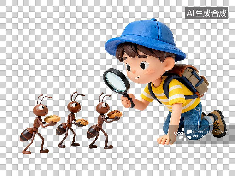 【AI数字艺术】孩子用放大镜观察蚂蚁图片素材