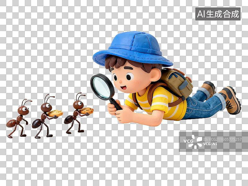 【AI数字艺术】孩子用放大镜观察蚂蚁图片素材