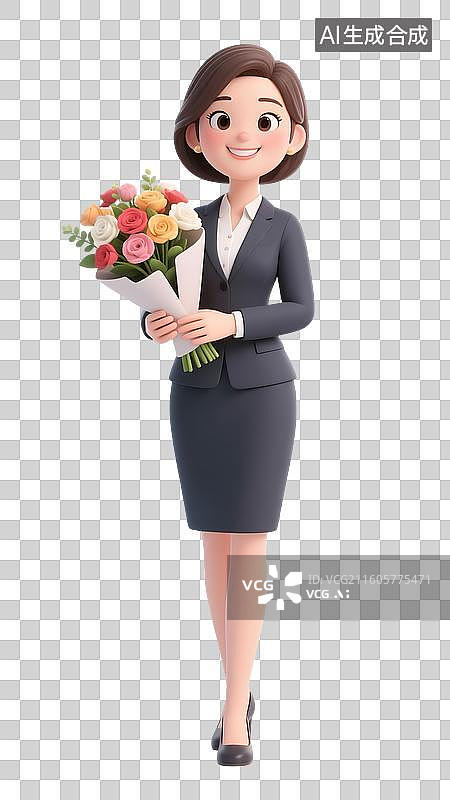 【AI数字艺术】AIGC：3D手拿鲜花的女性人物，银行职员，物业经理，职员白领，设计元素免抠图形图片素材