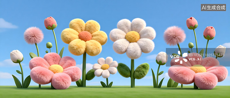 【AI数字艺术】毛绒花朵, 花田, 雏菊, 留白图片素材