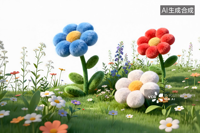 【AI数字艺术】毛绒花朵, 花田, 雏菊, 留白图片素材