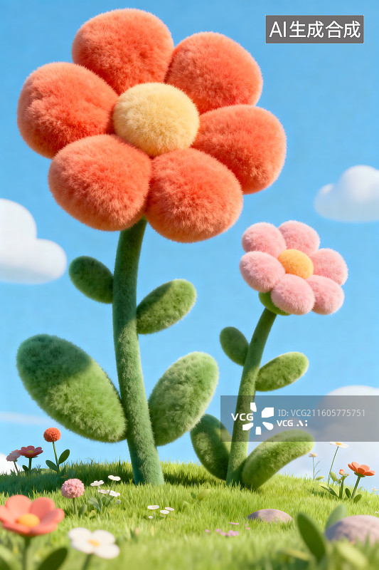 【AI数字艺术】毛绒花朵, 花田, 雏菊, 留白图片素材