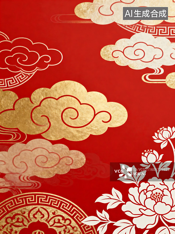 【AI数字艺术】国潮风节日喜庆背景：金色祥云牡丹与吉祥纹样组合图片素材