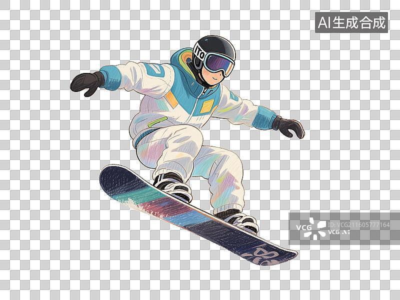 【AI数字艺术】手绘彩铅插画在户外进行单板滑雪的年轻男性元素图片素材