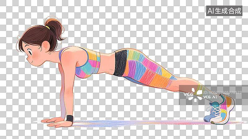 【AI数字艺术】手绘彩铅插画正在健身房做平板支撑力量训练的年轻女性免扣元素图片素材