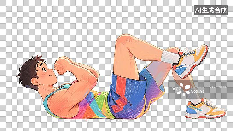 【AI数字艺术】手绘彩铅插画正在健身房做仰卧起坐锻炼腹肌的年轻男性元素图片素材