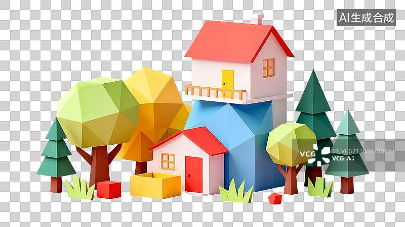 【AI数字艺术】低多边形风格小屋与树林图片素材