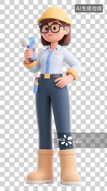 【AI数字艺术】AIGC:3D人物，手拿电钻的工具的女工程师，技术人员，妇女节，劳动节，元素，免抠图形图片素材