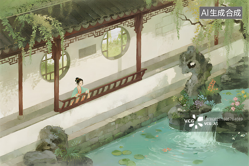 【AI数字艺术】中国园林水彩工笔画插画图片素材